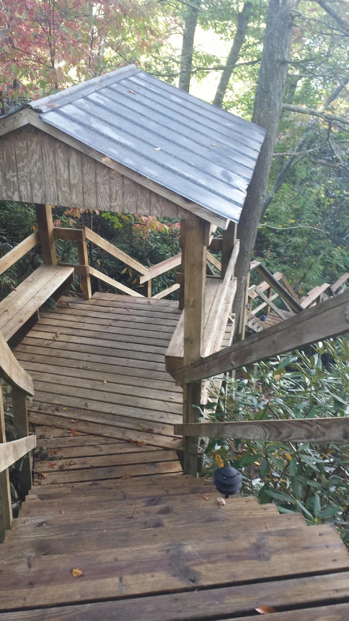 Metal roofed shelter over wooden steps on a wooded walkway — Skylight Repair & Installation work by our crew in Strawberry Plains
